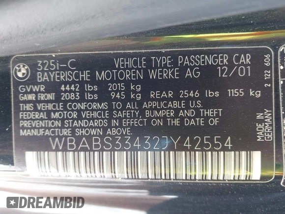 2002 BMW 3 Series 325Ci with VIN WBABS33432JY42554, listed as a IAAI auction lot 41701386 with 115,294 mi miles and . Bid and sale history available at DreamBid. Image 9.
