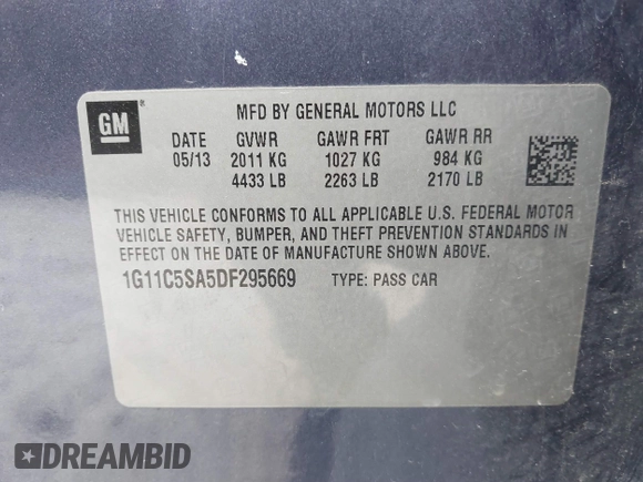 2013 Chevrolet Malibu LT with VIN 1G11C5SA5DF295669, listed as a IAAI auction lot 41683460 with 205,639 mi miles and . Bid and sale history available at DreamBid. Image 9.