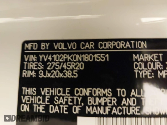 2022 Volvo XC90 Momentum with VIN YV4102PK0N1801551, listed as a IAAI auction lot 41296538 with 35,710 mi miles and . Bid and sale history available at DreamBid. Image 9.