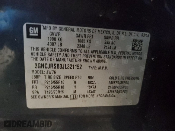 2018 Chevrolet Trax Premier with VIN 3GNCJRSB3JL321152, listed as a Copart auction lot 45167725 with 94,186 mi miles and Salvage Title. Bid and sale history available at carsss.com. Image 14.