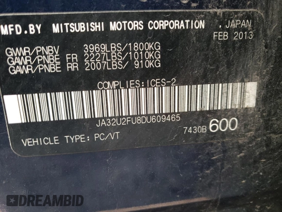 2013 Mitsubishi Lancer ES with VIN JA32U2FU8DU609465, listed as a Copart auction lot 66134614 with 169,552 mi miles and Salvage Title. Bid and sale history available at carsss.com. Image 12.