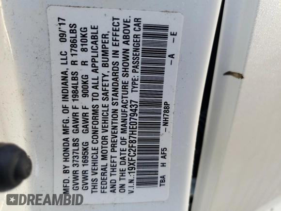 2017 Honda Civic EX with VIN 19XFC2F87HE079437, listed as a Copart auction lot 53639505 with 80,829 mi miles and Salvage Title. Bid and sale history available at DreamBid. Image 13.