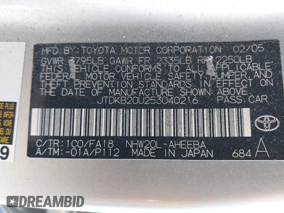 2005 Toyota Prius with VIN JTDKB20U253040216, listed as a IAAI auction lot 42142428 with 292,772 mi miles. Bid and sale history available at carsss.com. Image 9.