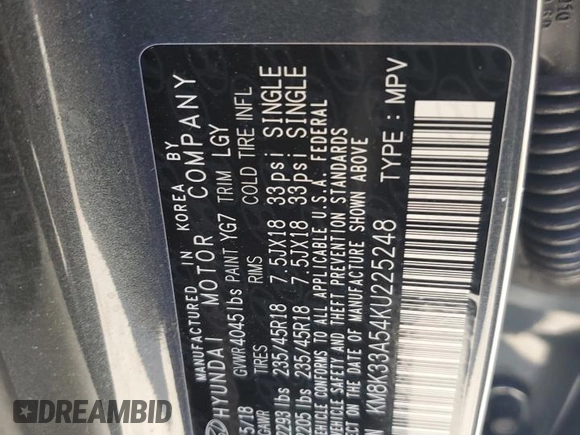 2019 Hyundai Kona Limited with VIN KM8K33A54KU225248, listed as a Copart auction lot 48243955 with 45,386 mi miles and Non Repairable. Bid and sale history available at carsss.com. Image 16.