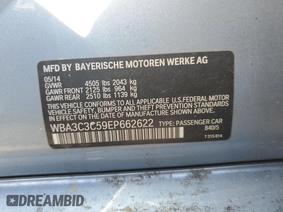 2014 BMW 3 Series 320i xDrive with VIN WBA3C3C59EP662622, listed as a Copart auction lot 55092495 with 118,778 mi miles and Non repairable. Bid and sale history available at DreamBid. Image 12.