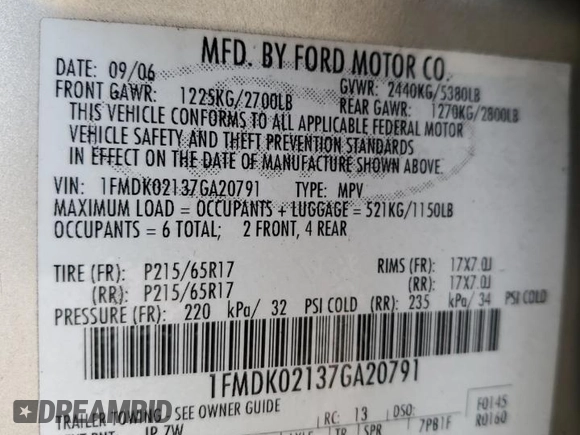 2007 Ford Freestyle SEL with VIN 1FMDK02137GA20791, listed as a Copart auction lot 79502374 with 173,554 mi miles and Salvage Title. Bid and sale history available at carsss.com. Image 13.