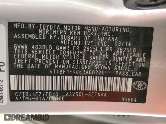 2014 Toyota Camry L with VIN 4T4BF1FK8ER400220, listed as a Copart auction lot 51783715 with 67,845 mi miles and Salvage Title. Bid and sale history available at DreamBid. Image 14.