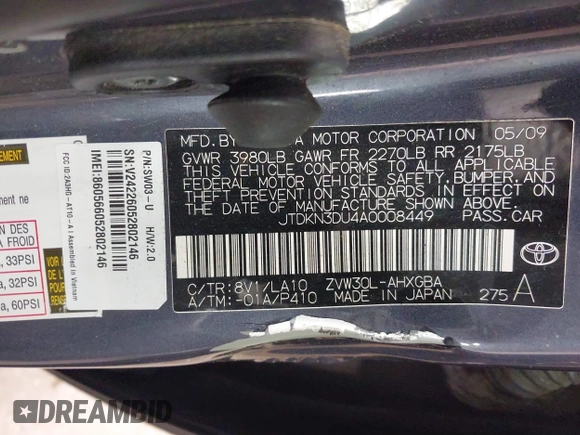 2010 Toyota Prius II with VIN JTDKN3DU4A0008449, listed as a IAAI auction lot 41786661 with 182,342 mi miles and . Bid and sale history available at DreamBid. Image 9.