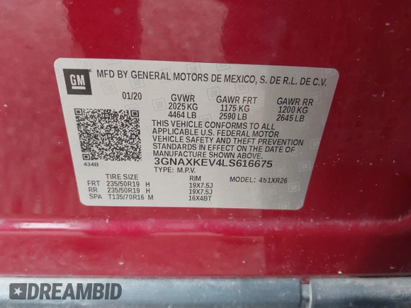 2020 Chevrolet Equinox LT with VIN 3GNAXKEV4LS616675, listed as a IAAI auction lot 41924023 with 98,824 mi miles and . Bid and sale history available at carsss.com. Image 9.