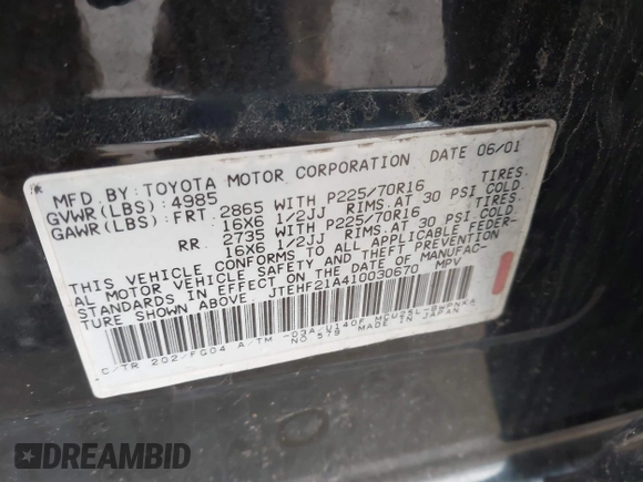 2001 Toyota Highlander z VIN JTEHF21A410030670, wystawiony jako IAAI lot #41916535 z przebiegiem 248 020 mil mil oraz . Historia ofert i sprzedaży dostępna na DreamBid. Obrazek 9.