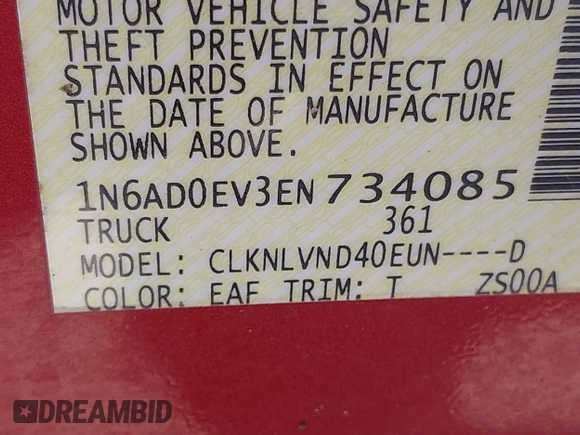 2014 Nissan Frontier S with VIN 1N6AD0EV3EN734085, listed as a IAAI auction lot 42007200 with Not provided miles and . Bid and sale history available at DreamBid. Image 9.