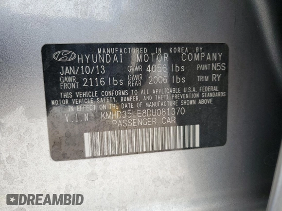 2013 Hyundai Elantra with VIN KMHD35LE8DU081370, listed as a Copart auction lot 48322515 with 117,099 mi miles and Salvage title. Bid and sale history available at DreamBid. Image 12.