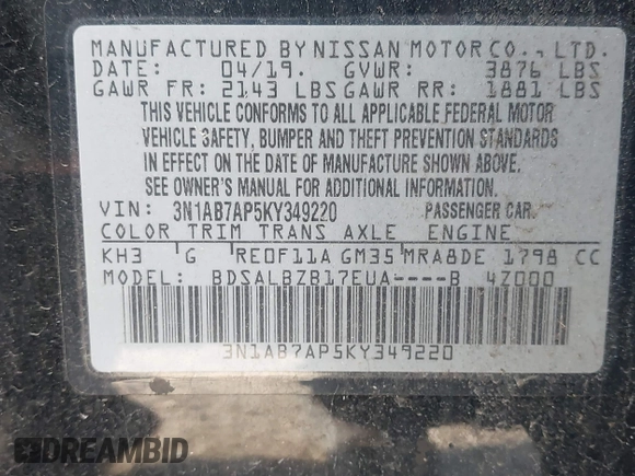 2019 Nissan Sentra SV with VIN 3N1AB7AP5KY349220, listed as a IAAI auction lot 41762205 with 69,424 mi miles. Bid and sale history available at carsss.com. Image 9.
