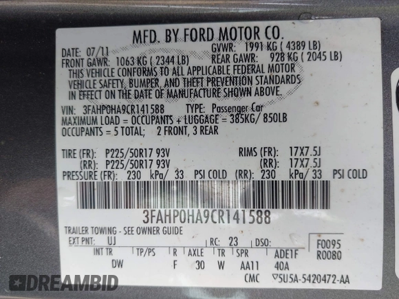 2012 Ford Fusion SE with VIN 3FAHP0HA9CR141588, listed as a IAAI auction lot 42485632 with 124,312 mi miles and . Bid and sale history available at DreamBid. Image 9.