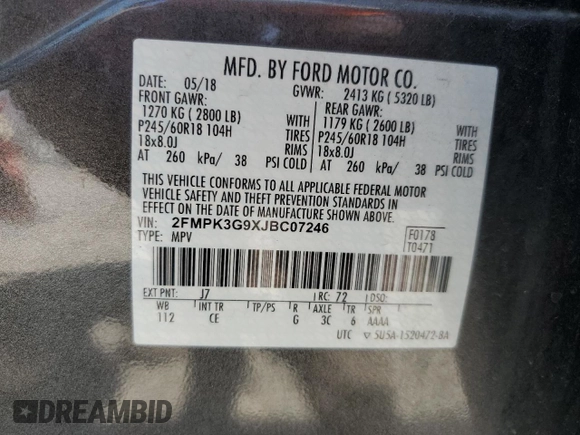 2018 Ford Edge SE with VIN 2FMPK3G9XJBC07246, listed as a Copart auction lot 54955925 with 50,665 mi miles and Salvage title. Bid and sale history available at DreamBid. Image 13.