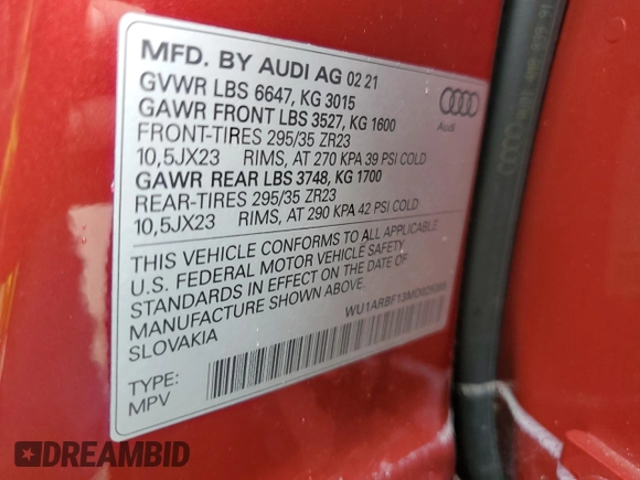 2021 Audi RS Q8 z VIN WU1ARBF13MD029385, wystawiony jako Copart lot #74667154 z przebiegiem 34 069 mil mil oraz Nie do naprawy • Non repairable. Historia ofert i sprzedaży dostępna na DreamBid. Obrazek 14.