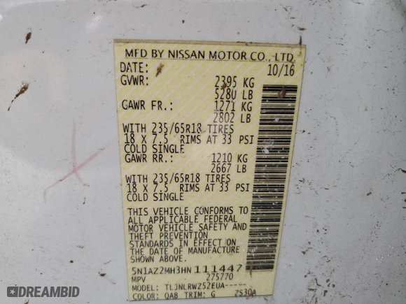 2017 Nissan Murano Platinum with VIN 5N1AZ2MH3HN111447, listed as a Copart auction lot 42356595 with 128,133 mi miles and Salvage Title. Bid and sale history available at carsss.com. Image 13.
