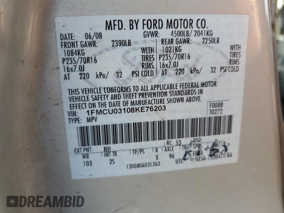 2008 Ford Escape XLT with VIN 1FMCU03108KE76203, listed as a Copart auction lot 51798345 with 275,972 mi miles and Salvage title. Bid and sale history available at DreamBid. Image 13.