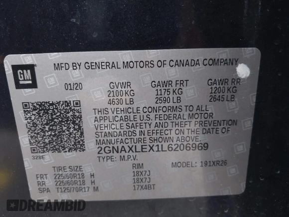 2020 Chevrolet Equinox LT with VIN 2GNAXLEX1L6206969, listed as a IAAI auction lot 40982322 with 68,538 mi miles. Bid and sale history available at carsss.com. Image 9.