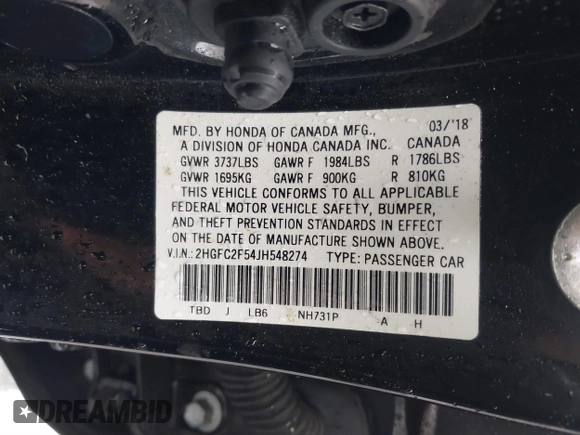 2018 Honda Civic LX with VIN 2HGFC2F54JH548274, listed as a IAAI auction lot 41864457 with 60,905 mi miles and . Bid and sale history available at DreamBid. Image 9.