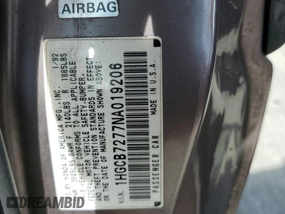 1992 Honda Accord z VIN 1HGCB7277NA019206, wystawiony jako Copart lot #54077035 z przebiegiem 227 766 mil mil oraz Szkoda całkowita • Salvage title. Historia ofert i sprzedaży dostępna na DreamBid. Obrazek 12.