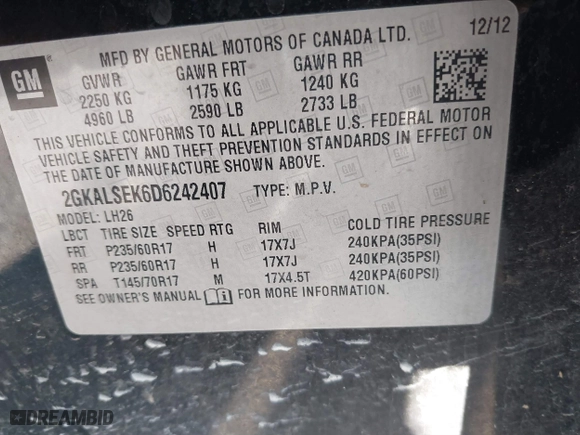 2013 GMC Terrain SLE with VIN 2GKALSEK6D6242407, listed as a IAAI auction lot 41896287 with 156,434 mi miles. Bid and sale history available at carsss.com. Image 9.