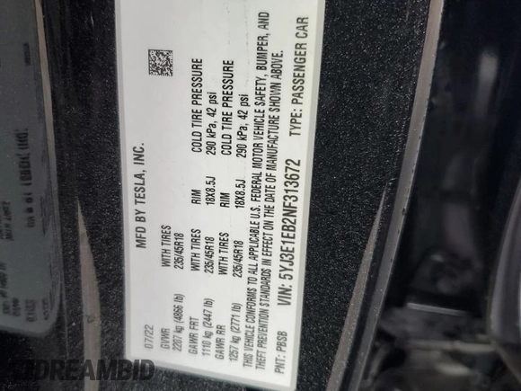 2022 Tesla Model 3 Long Range with VIN 5YJ3E1EB2NF313672, listed as a Copart auction lot 48896025 with 19,936 mi miles and Salvage Title. Bid and sale history available at DreamBid. Image 14.