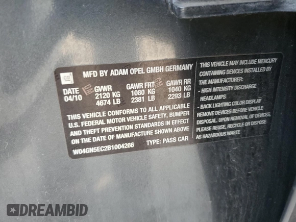 2011 Buick Regal CXL RL1 with VIN W04GN5EC2B1004266, listed as a Copart auction lot 60624725 with 139,906 mi miles and Salvage title. Bid and sale history available at DreamBid. Image 12.