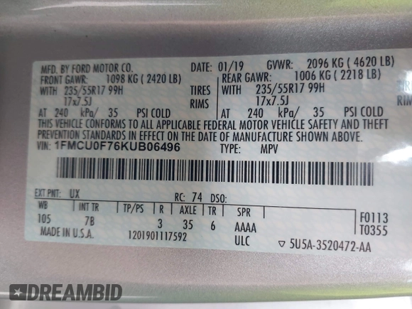 2019 Ford Escape S with VIN 1FMCU0F76KUB06496, listed as a IAAI auction lot 42647991 with 51,882 mi miles and . Bid and sale history available at DreamBid. Image 9.