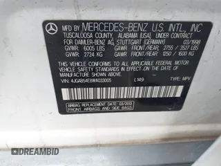 1998 Mercedes-Benz M-Class with VIN 4JGAB54E8WA033005, listed as a IAAI auction lot 41749012 with 194,731 mi miles. Bid and sale history available at carsss.com. Image 9.