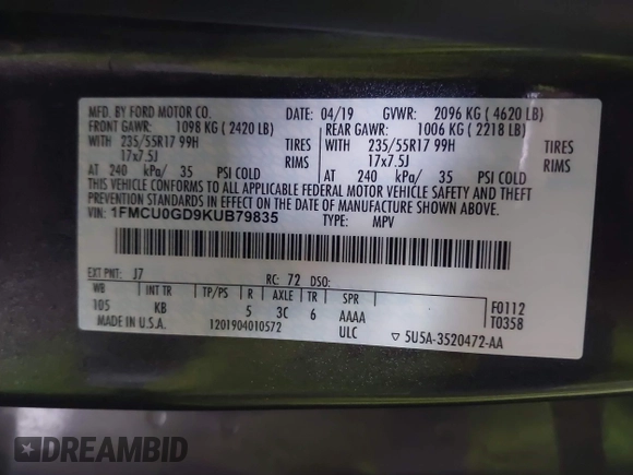 2019 Ford Escape SE with VIN 1FMCU0GD9KUB79835, listed as a IAAI auction lot 42014806 with 130,324 mi miles. Bid and sale history available at carsss.com. Image 9.