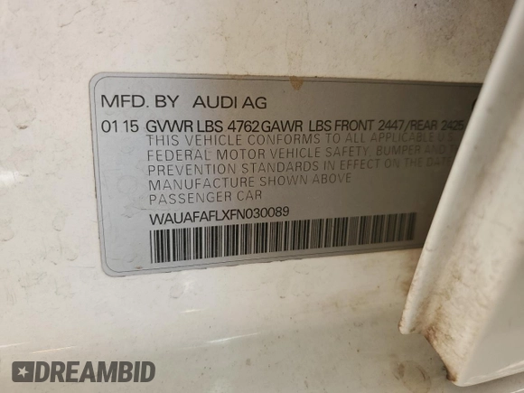 2015 Audi A4 Premium z VIN WAUAFAFLXFN030089, wystawiony jako Copart lot #57796795 z przebiegiem 138 103 mil mil oraz Szkoda całkowita • Salvage title. Historia ofert i sprzedaży dostępna na DreamBid. Obrazek 12.