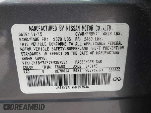 2015 Infiniti Q50 with VIN JN1BV7AP7FM357534, listed as a IAAI auction lot 41440900 with 101,982 mi miles. Bid and sale history available at carsss.com. Image 9.