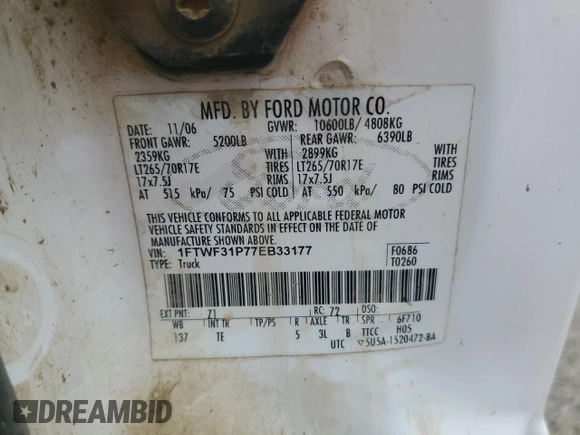 2007 Ford F-350 XL with VIN 1FTWF31P77EB33177, listed as a Copart auction lot 81356104 with 165,198 mi miles and Salvage title. Bid and sale history available at DreamBid. Image 12.