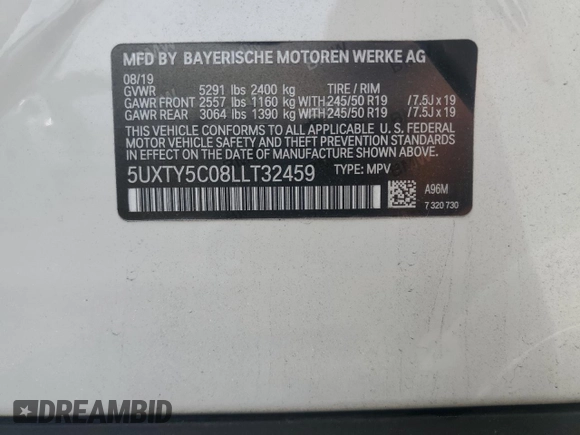 2020 BMW X3 xDrive30i with VIN 5UXTY5C08LLT32459, listed as a Copart auction lot 54904225 with 27,918 mi miles and Salvage Title. Bid and sale history available at DreamBid. Image 13.