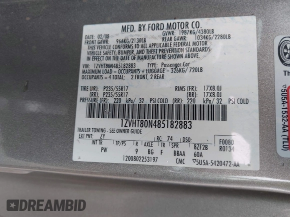 2008 Ford Mustang Deluxe with VIN 1ZVHT80N485182883, listed as a IAAI auction lot 42615739 with 203,793 mi miles and . Bid and sale history available at DreamBid. Image 9.