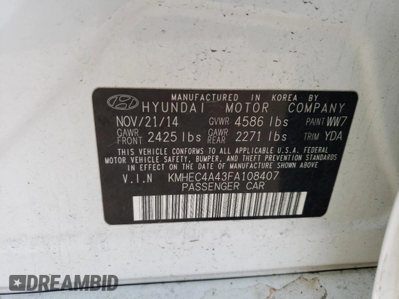 2015 Hyundai Sonata Hybrid Limited with VIN KMHEC4A43FA108407, listed as a Copart auction lot 40350143 with 127,631 mi miles. Bid and sale history available at carsss.com. Image 14.