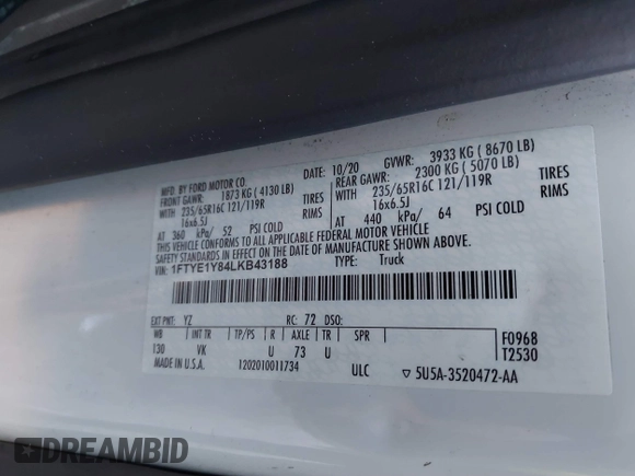 2020 Ford Transit Cargo with VIN 1FTYE1Y84LKB43188, listed as a IAAI auction lot 41388755 with 254,023 mi miles and . Bid and sale history available at DreamBid. Image 9.