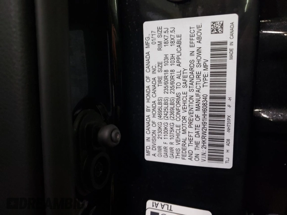2017 Honda CR-V Touring with VIN 2HKRW2H91HH608340, listed as a Copart auction lot 43997625 with 58,446 mi miles and Salvage Title. Bid and sale history available at DreamBid. Image 13.