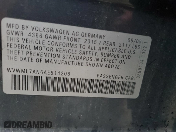 2010 Volkswagen CC Sport with VIN WVWML7AN6AE514208, listed as a Copart auction lot 79416434 with 158,534 mi miles and Non Repairable. Bid and sale history available at DreamBid. Image 12.