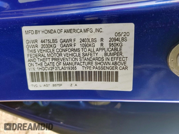 2020 Honda Accord Sport with VIN 1HGCV2F37LA019365, listed as a Copart auction lot 60469655 with 103,881 mi miles and Salvage title. Bid and sale history available at DreamBid. Image 12.