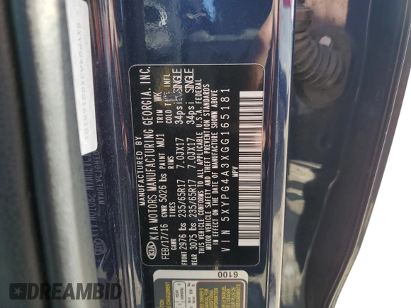 2016 Kia Sorento LX with VIN 5XYPG4A3XGG165181, listed as a Copart auction lot 52191195 with 115,573 mi miles and Clean Title. Bid and sale history available at DreamBid. Image 13.