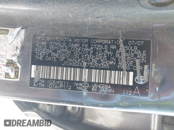 2007 Toyota Prius with VIN JTDKB20U373293385, listed as a IAAI auction lot 42218812 with 149,218 mi miles and . Bid and sale history available at DreamBid. Image 9.