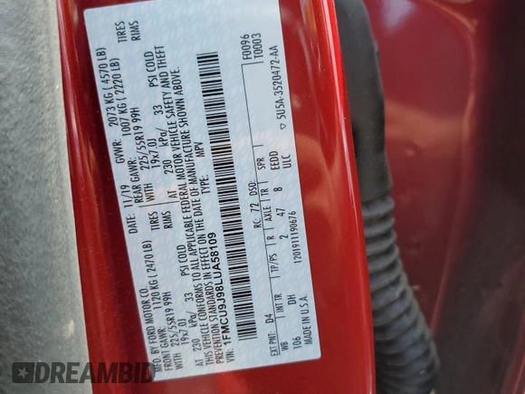 2020 Ford Escape Titanium with VIN 1FMCU9J98LUA58109, listed as a Copart auction lot 59397735 with 31,334 mi miles and Salvage title. Bid and sale history available at DreamBid. Image 13.
