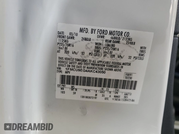 2010 Ford Escape Limited z VIN 1FMCU9EG4AKC43050, wystawiony jako Copart lot #60251495 z przebiegiem 174 550 mil mil oraz Szkoda całkowita • Salvage title. Historia ofert i sprzedaży dostępna na DreamBid. Obrazek 13.
