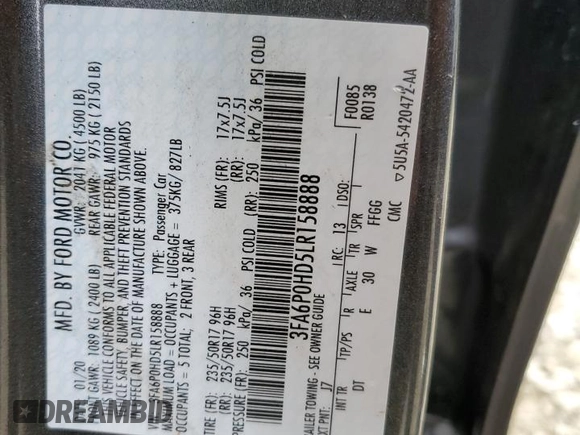 2020 Ford Fusion SE with VIN 3FA6P0HD5LR158888, listed as a Copart auction lot 53682415 with 66,123 mi miles and Salvage title. Bid and sale history available at DreamBid. Image 13.