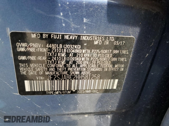 2017 Subaru Forester with VIN JF2SJABC2HH581258, listed as a Copart auction lot 60853875 with 62,787 mi miles and Salvage title. Bid and sale history available at DreamBid. Image 13.
