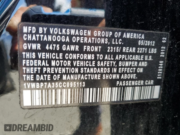 2012 Volkswagen Passat SE z VIN 1VWBP7A35CC095113, wystawiony jako Copart lot #56704005 z przebiegiem 173 932 mil mil oraz Szkoda całkowita • Salvage title. Historia ofert i sprzedaży dostępna na DreamBid. Obrazek 12.