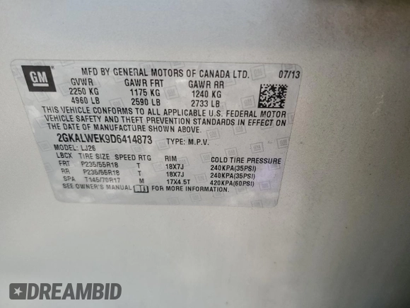 2013 GMC Terrain SLT with VIN 2GKALWEK9D6414873, listed as a Copart auction lot 56419505 with 134,825 mi miles and Salvage title. Bid and sale history available at DreamBid. Image 13.