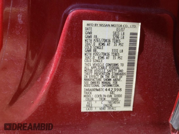 2007 Nissan Frontier SE with VIN 1N6AD09W87C442398, listed as a Copart auction lot 49612045 with 160,081 mi miles and Clean Title. Bid and sale history available at carsss.com. Image 12.
